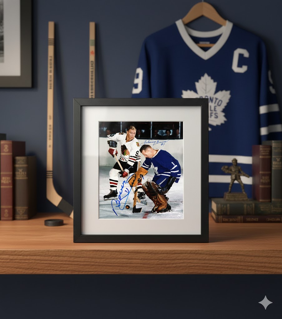 JOHNNY BOWER & BOBBY HULL AUTOGRAPHED 8" X 10"PHOTOGRAPH – TORONTO MAPLE LEAFS VS CHICAGO BLACKHAWKS NHL SIGNED HOCKEY COLLECTIBLE (8" X 10")