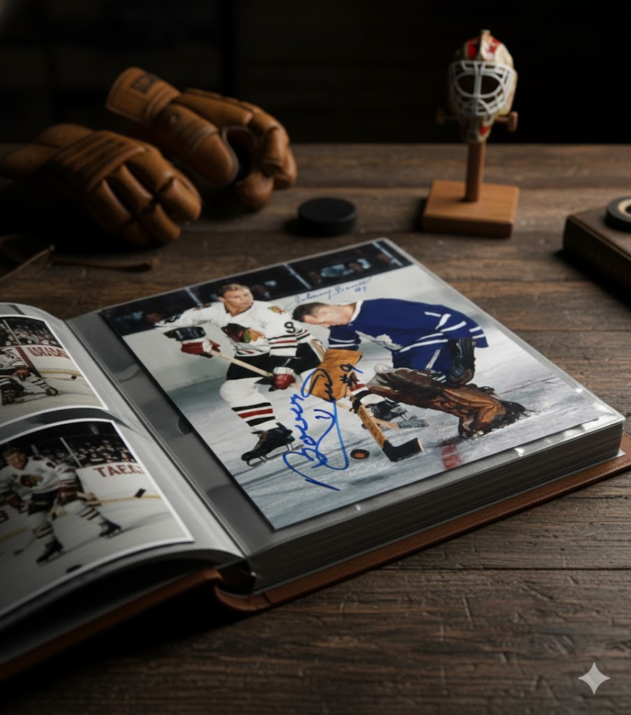 JOHNNY BOWER & BOBBY HULL AUTOGRAPHED 8" X 10"PHOTOGRAPH – TORONTO MAPLE LEAFS VS CHICAGO BLACKHAWKS NHL SIGNED HOCKEY COLLECTIBLE (8" X 10")
