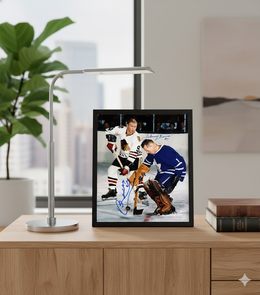 JOHNNY BOWER & BOBBY HULL AUTOGRAPHED 8" X 10"PHOTOGRAPH – TORONTO MAPLE LEAFS VS CHICAGO BLACKHAWKS NHL SIGNED HOCKEY COLLECTIBLE (8" X 10")