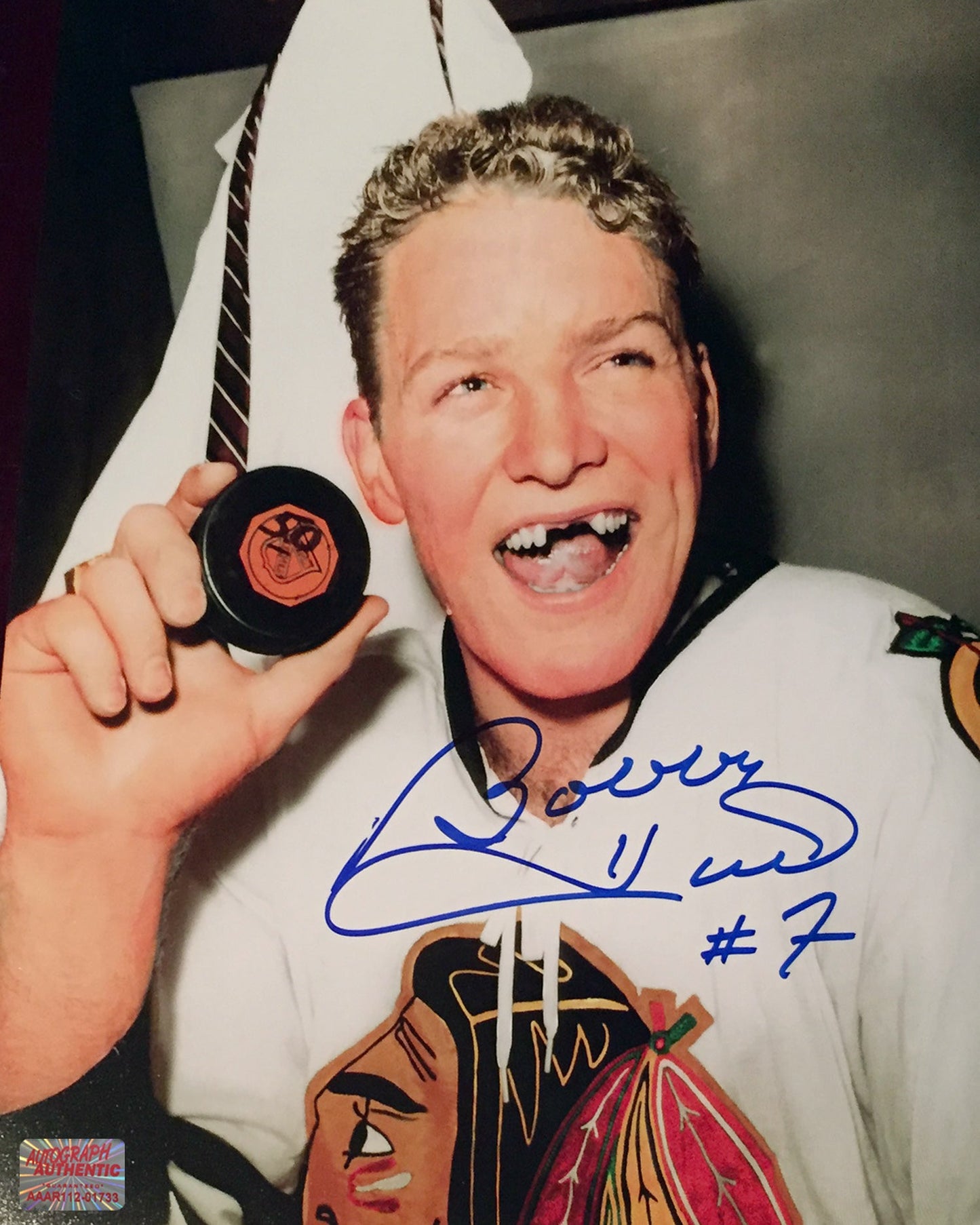 BOBBY HULL AUTOGRAPHED 50TH GOAL 8" X 10"COLOUR PHOTOGRAPH – CHICAGO BLACKHAWKS NHL SIGNED COLLECTIBLE (8" X 10")