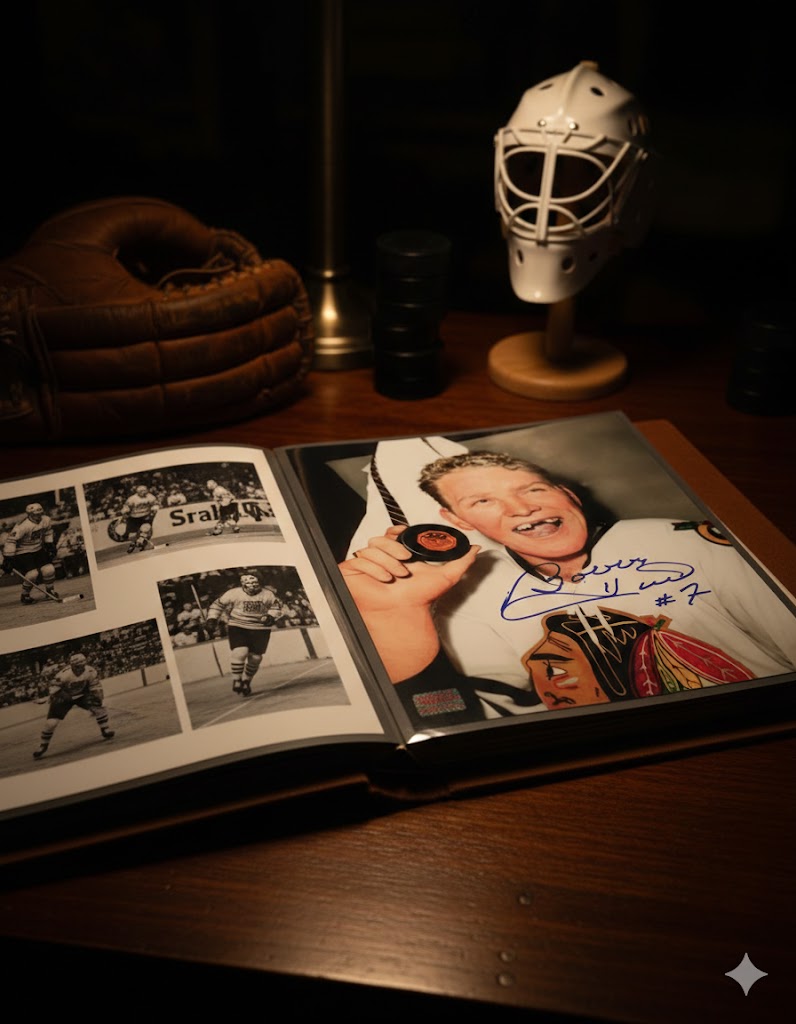 BOBBY HULL AUTOGRAPHED 50TH GOAL 8" X 10"COLOUR PHOTOGRAPH – CHICAGO BLACKHAWKS NHL SIGNED COLLECTIBLE (8" X 10")