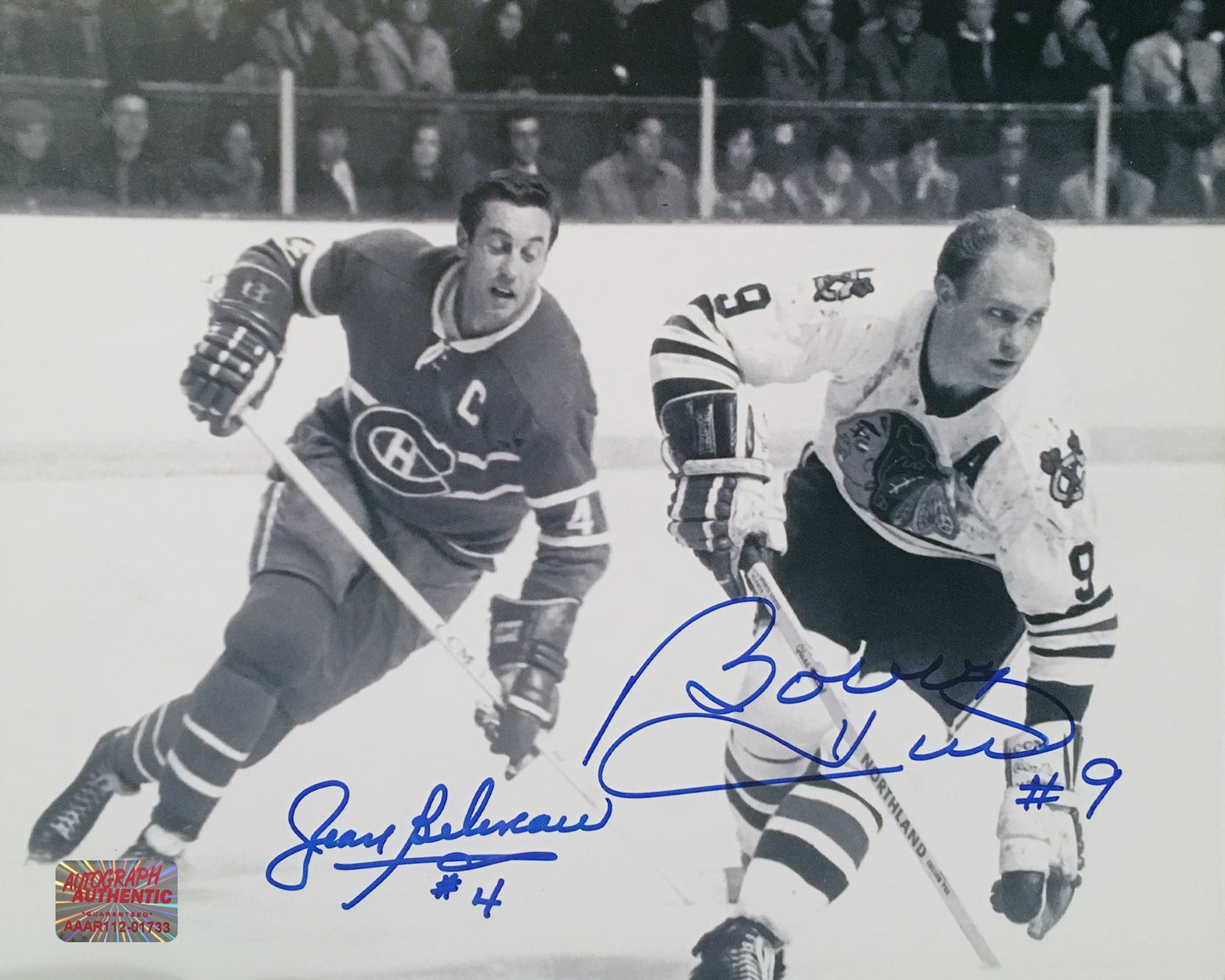 BOBBY HULL & JEAN BELIVEAU DUAL AUTOGRAPHED SIGNED 8" X 10"PHOTOGRAPH – CHICAGO BLACKHAWKS VS MONTREAL CANADIENS NHL COLLECTIBLE (8" X 10")