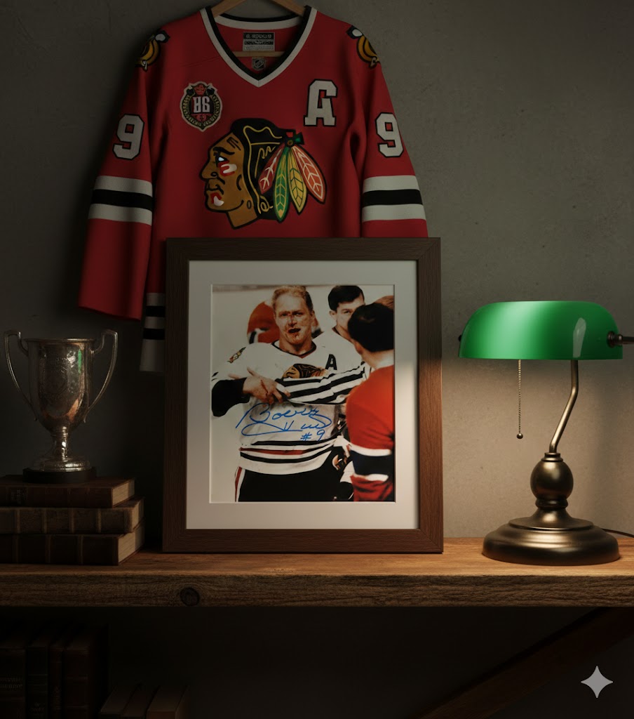 BOBBY HULL AUTOGRAPHED 8" X 10"BLOODY PHOTOGRAPH – CHICAGO BLACKHAWKS NHL SIGNED HOCKEY COLLECTIBLE (8" X 10")