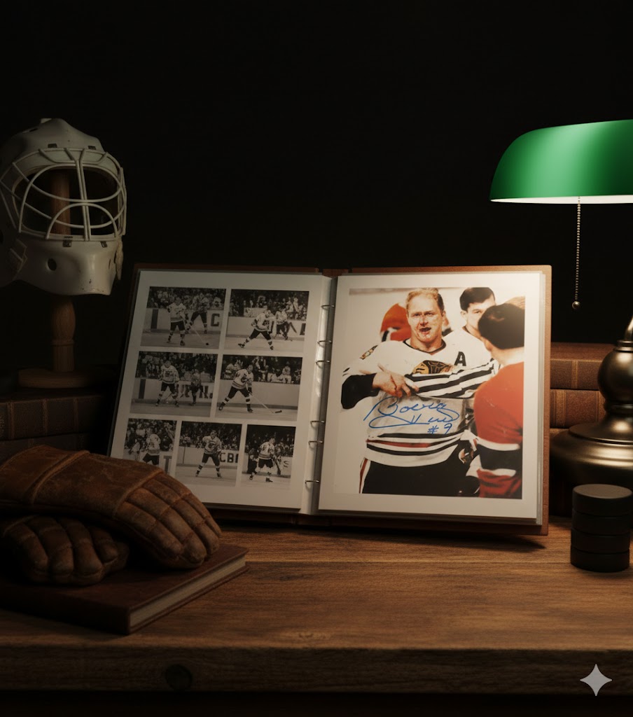 BOBBY HULL AUTOGRAPHED 8" X 10"BLOODY PHOTOGRAPH – CHICAGO BLACKHAWKS NHL SIGNED HOCKEY COLLECTIBLE (8" X 10")