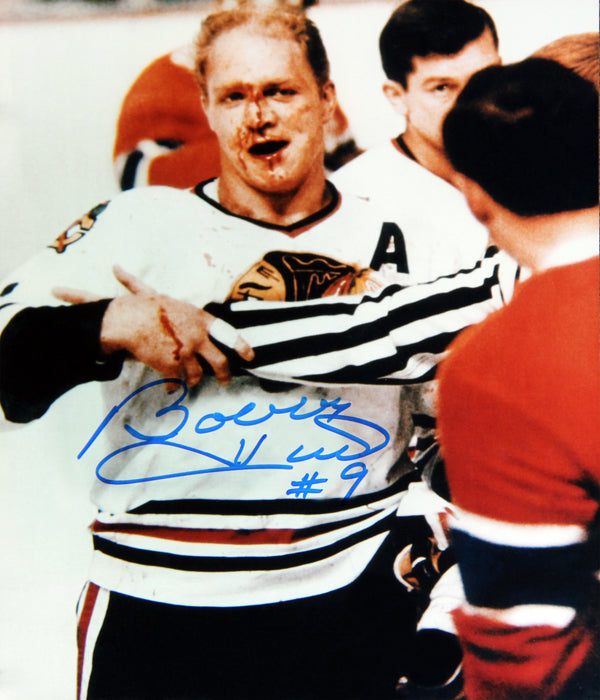 BOBBY HULL AUTOGRAPHED 8" X 10"BLOODY PHOTOGRAPH – CHICAGO BLACKHAWKS NHL SIGNED HOCKEY COLLECTIBLE (8" X 10")