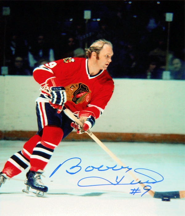 BOBBY HULL AUTOGRAPHED 8" X 10"ACTION PHOTOGRAPH – CHICAGO BLACKHAWKS NHL SIGNED HOCKEY COLLECTIBLE (8" X 10")