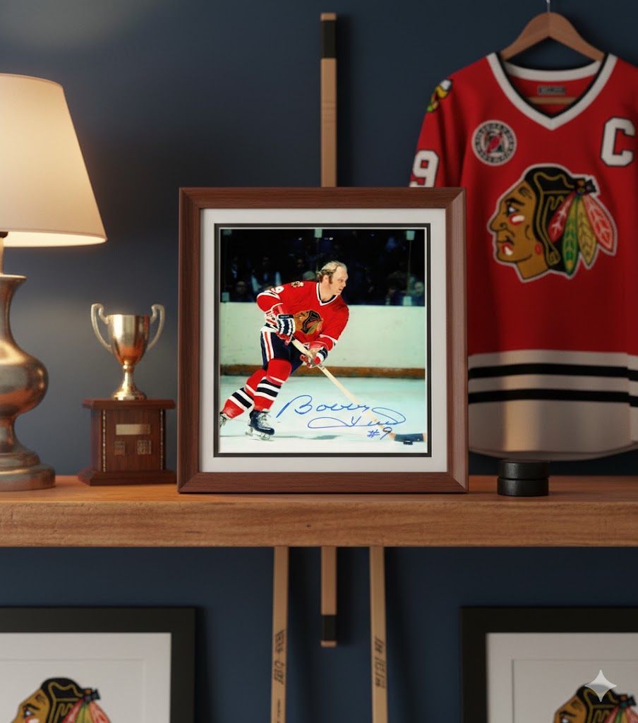 BOBBY HULL AUTOGRAPHED 8" X 10"ACTION PHOTOGRAPH – CHICAGO BLACKHAWKS NHL SIGNED HOCKEY COLLECTIBLE (8" X 10")