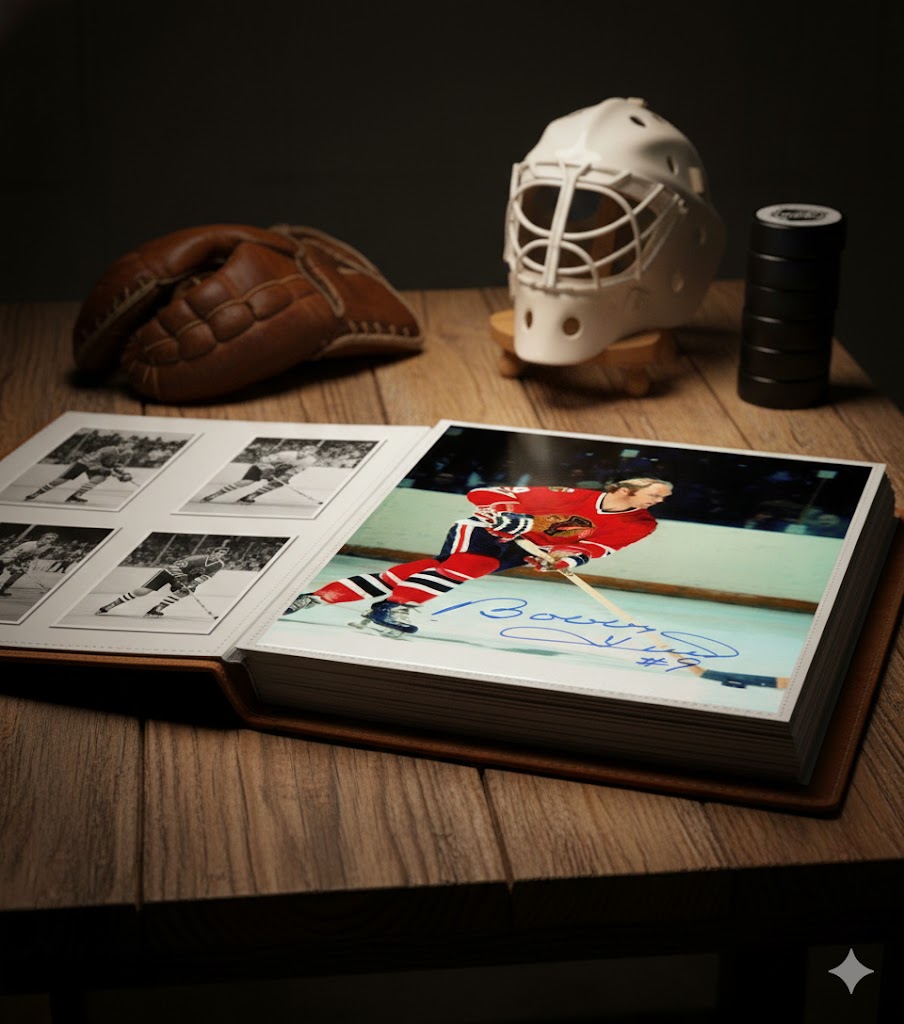 BOBBY HULL AUTOGRAPHED 8" X 10"ACTION PHOTOGRAPH – CHICAGO BLACKHAWKS NHL SIGNED HOCKEY COLLECTIBLE (8" X 10")