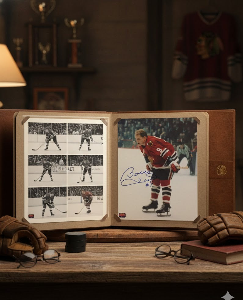 BOBBY HULL AUTOGRAPHED 8" X 10"RED JERSEY STANDING PHOTOGRAPH – CHICAGO BLACKHAWKS NHL SIGNED COLLECTIBLE (8" X 10")