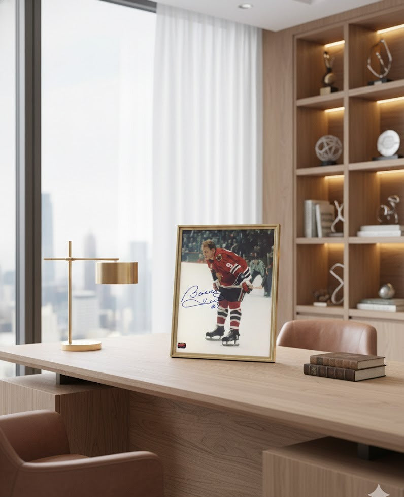 BOBBY HULL AUTOGRAPHED 8" X 10"RED JERSEY STANDING PHOTOGRAPH – CHICAGO BLACKHAWKS NHL SIGNED COLLECTIBLE (8" X 10")