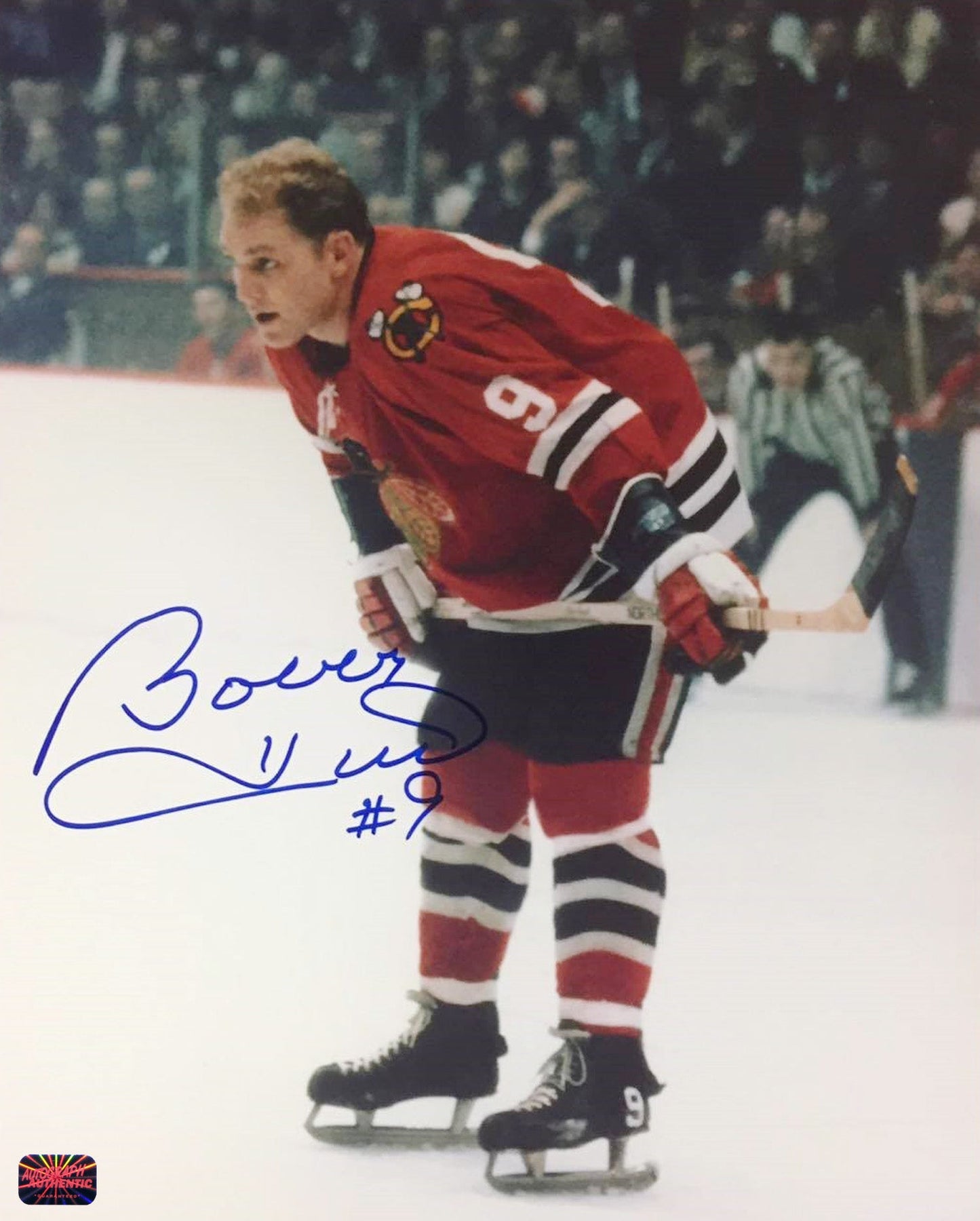BOBBY HULL AUTOGRAPHED 8" X 10"RED JERSEY STANDING PHOTOGRAPH – CHICAGO BLACKHAWKS NHL SIGNED COLLECTIBLE (8" X 10")