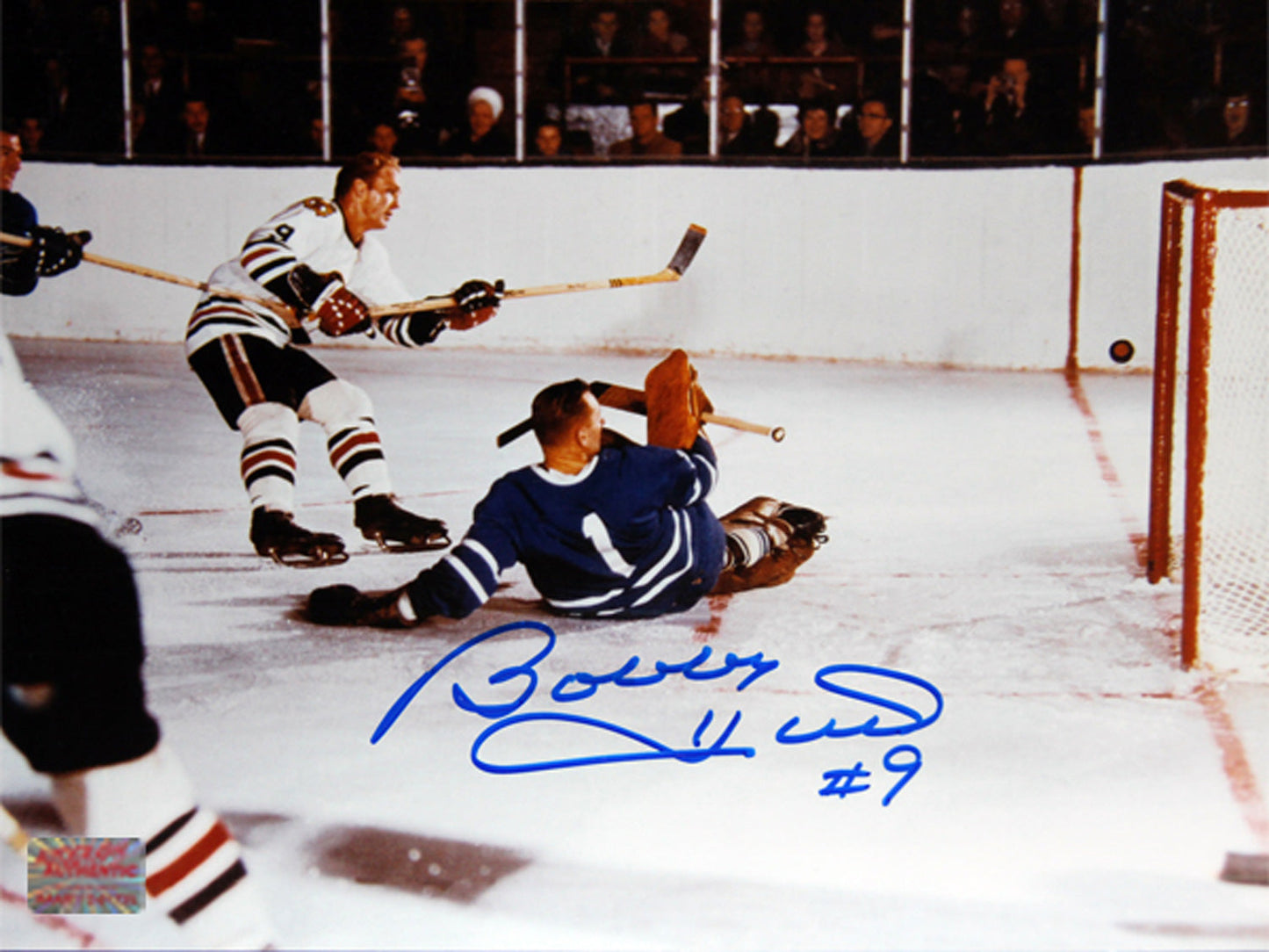 BOBBY HULL SCORES ON JOHNNY BOWER AUTOGRAPHED 8" X 10"PHOTOGRAPH – CHICAGO BLACKHAWKS VS TORONTO MAPLE LEAFS NHL COLLECTIBLE (8" X 10")