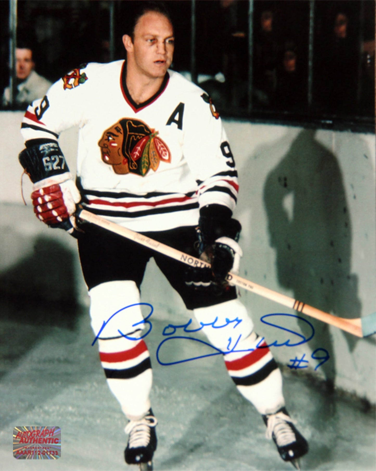 BOBBY HULL AUTOGRAPHED 8" X 10"WHITE JERSEY PHOTOGRAPH – CHICAGO BLACKHAWKS NHL SIGNED HOCKEY COLLECTIBLE (8" X 10")