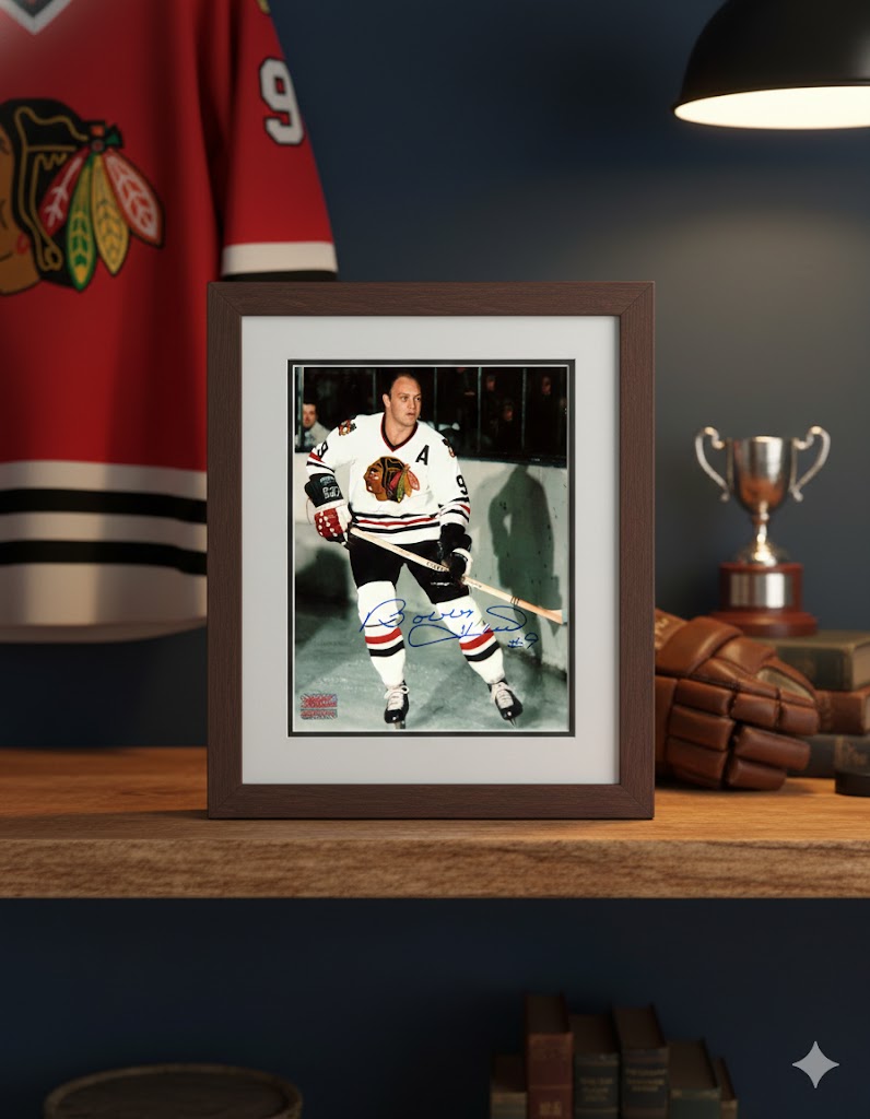 BOBBY HULL AUTOGRAPHED 8" X 10"WHITE JERSEY PHOTOGRAPH – CHICAGO BLACKHAWKS NHL SIGNED HOCKEY COLLECTIBLE (8" X 10")