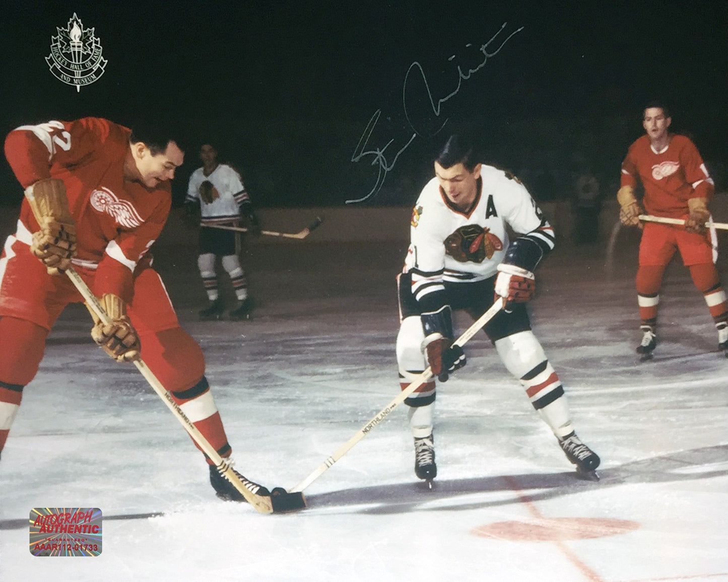 STAN MIKITA AUTOGRAPHED 8" X 10"FACEOFF PHOTOGRAPH – CHICAGO BLACKHAWKS NHL SIGNED HOCKEY COLLECTIBLE (8" X 10")