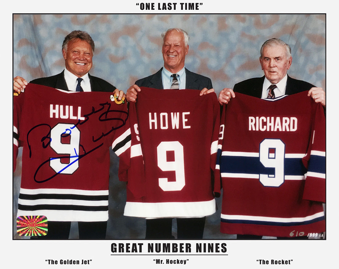 BOBBY HULL AUTOGRAPHED THREE GREAT NINES LIMITED EDITION 8" X 10"PHOTOGRAPH – FEATURING MAURICE RICHARD, GORDIE HOWE, CHICAGO BLACKHAWKS NHL COLLECTIBLE (8" X 10") – LIMITED EDITION /999