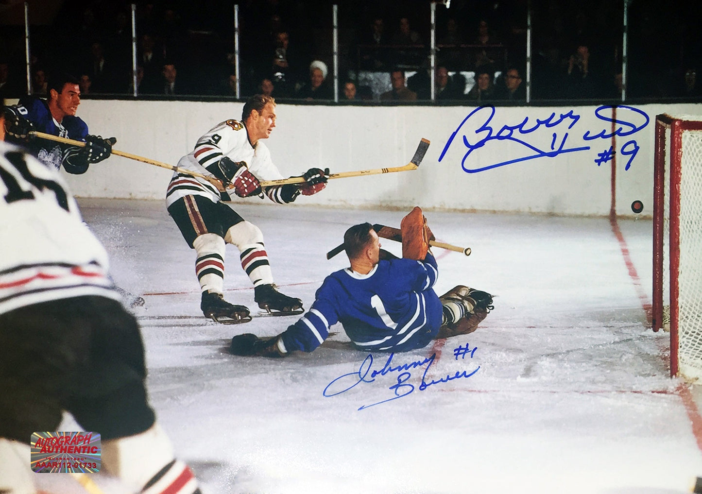JOHNNY BOWER & BOBBY HULL DUAL SIGNED 8" X 12"PHOTOGRAPH – TORONTO MAPLE LEAFS VS CHICAGO BLACKHAWKS NHL AUTOGRAPHED COLLECTIBLE (8" X 12")