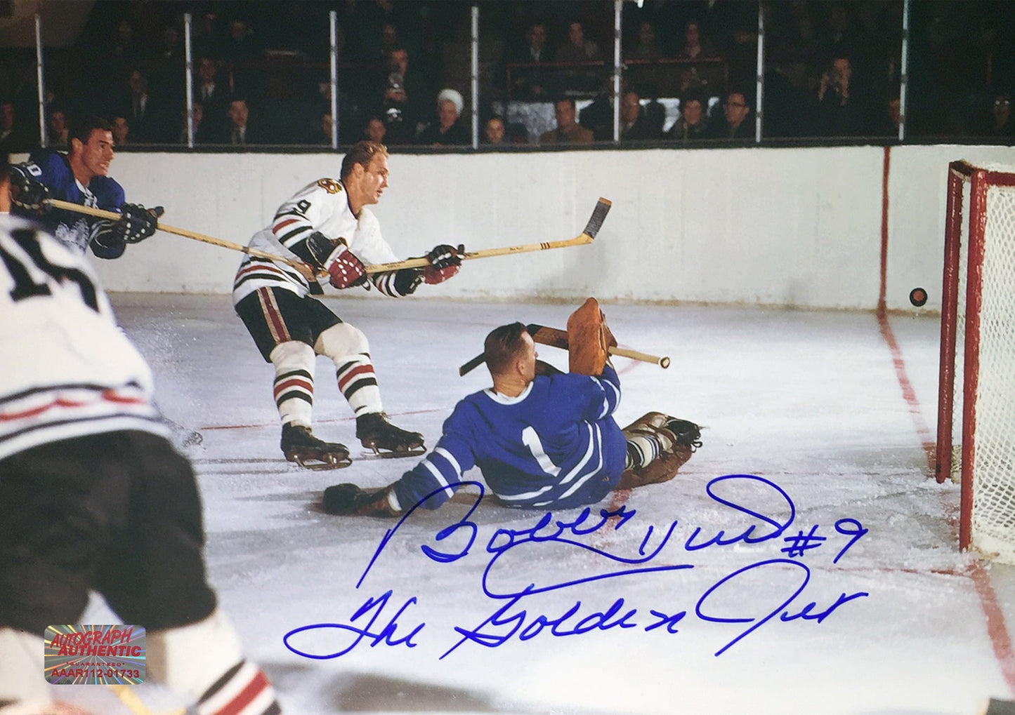 BOBBY HULL SIGNED 8" X 12"PHOTOGRAPH WITH JOHNNY BOWER – CHICAGO BLACKHAWKS VS TORONTO MAPLE LEAFS NHL COLLECTIBLE (8" X 12")