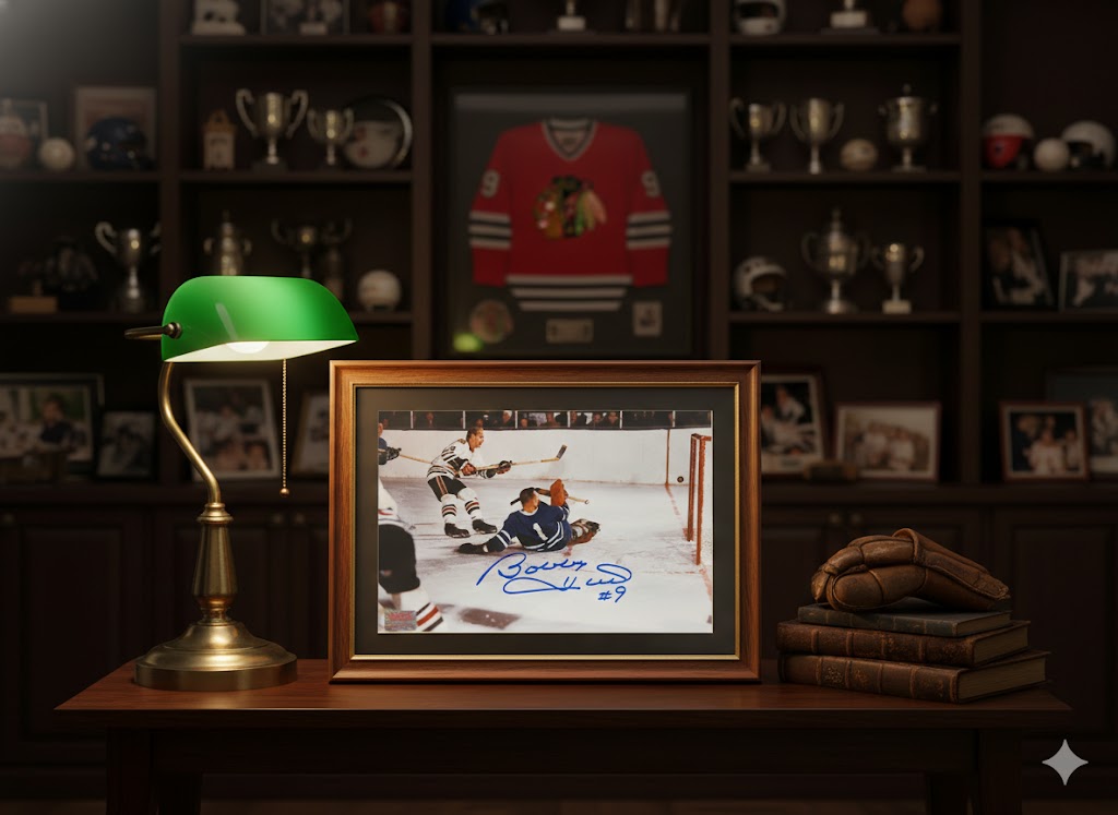 BOBBY HULL SIGNED 8" X 12"PHOTOGRAPH WITH JOHNNY BOWER – CHICAGO BLACKHAWKS VS TORONTO MAPLE LEAFS NHL COLLECTIBLE (8" X 12")