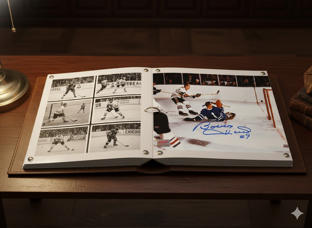 BOBBY HULL SIGNED 8" X 12"PHOTOGRAPH WITH JOHNNY BOWER – CHICAGO BLACKHAWKS VS TORONTO MAPLE LEAFS NHL COLLECTIBLE (8" X 12")
