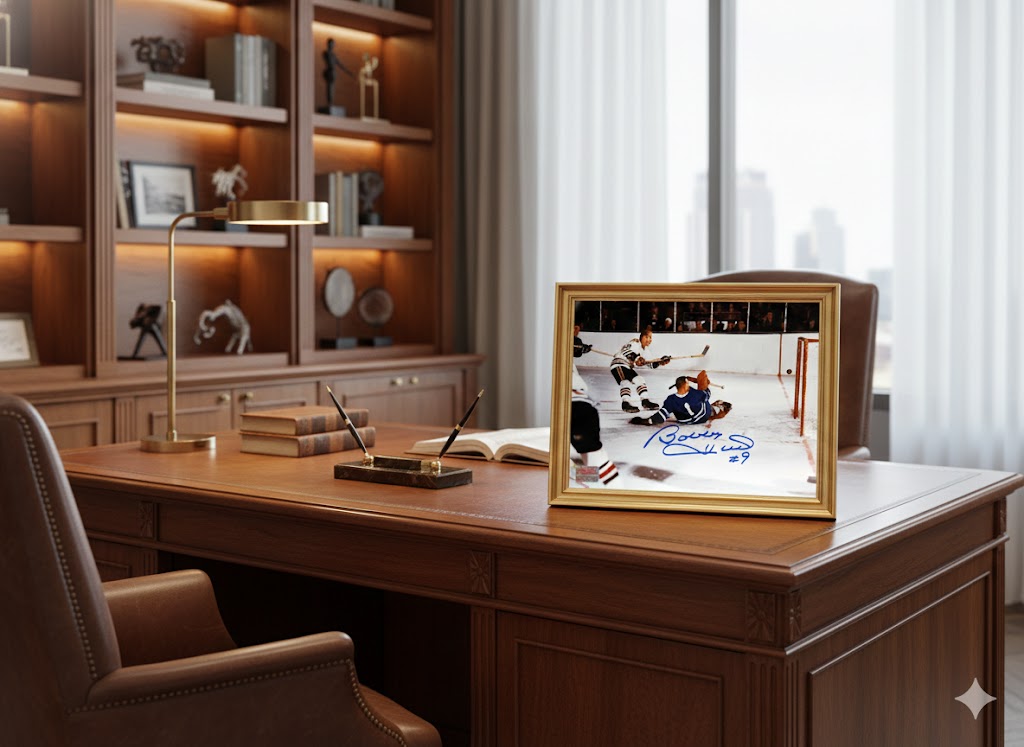 BOBBY HULL SIGNED 8" X 12"PHOTOGRAPH WITH JOHNNY BOWER – CHICAGO BLACKHAWKS VS TORONTO MAPLE LEAFS NHL COLLECTIBLE (8" X 12")