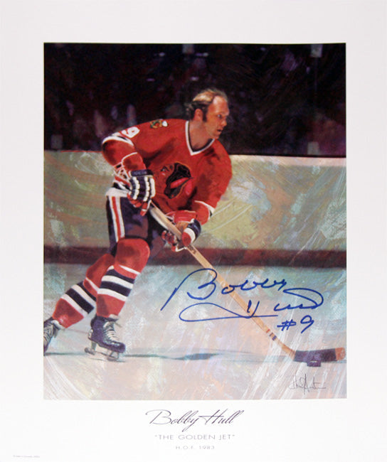 THE GOLDEN JET BOBBY HULL AUTOGRAPHED LITHOGRAPH – CHICAGO BLACKHAWKS HOCKEY ART (13" X 11")
