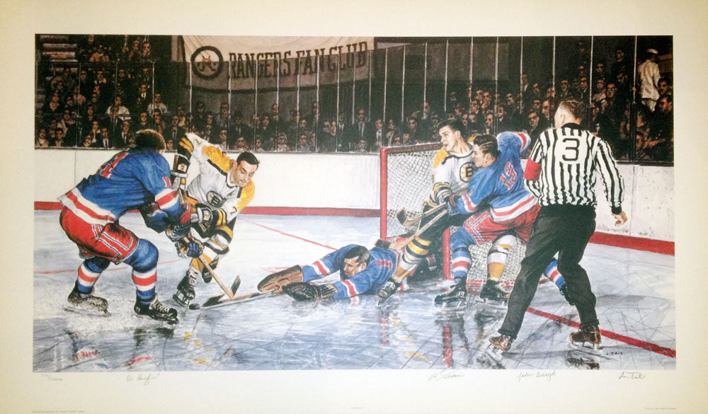 IN THE SLOT SIGNED LITHOGRAPH – VIC HADFIELD, ED GIACOMIN & JOHN BUCYK – LIMITED EDITION HOCKEY ARTWORK (33" X 19")