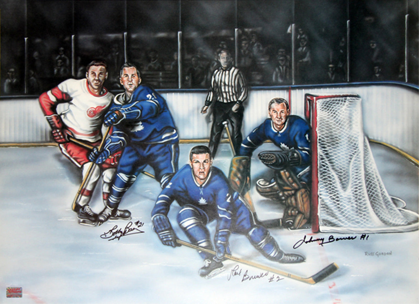THE LAST LINE OF DEFENCE SIGNED LITHOGRAPH – BOBBY BAUN, CARL BREWER & JOHNNY BOWER – TORONTO HOCKEY WALL ART (24" X 18")