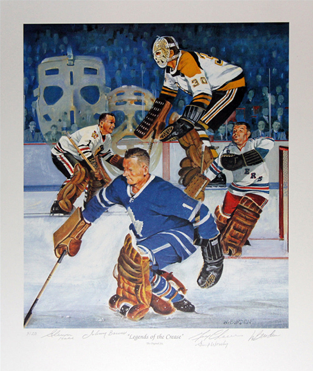 LEGENDS OF THE CREASE LIMITED EDITION /20 LITHOGRAPH SIGNED BY BOWER, CHEEVERS, HALL, WORSLEY – 24" X 20" ORIGINAL SIX GOALIE COLLECTIBLE