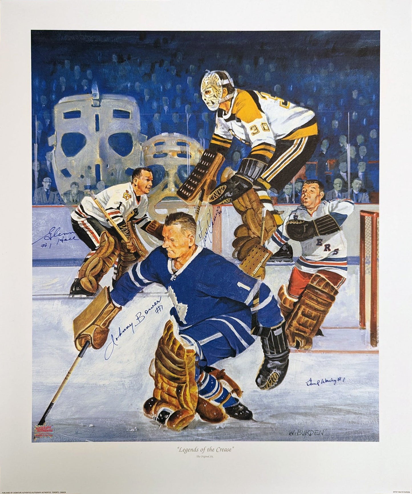 LEGENDS OF THE CREASE SIGNED LITHOGRAPH – BOWER, CHEEVERS, HALL, WORSLEY AUTOGRAPHS – 24" X 20" NHL GOALIE MEMORABILIA DISPLAY