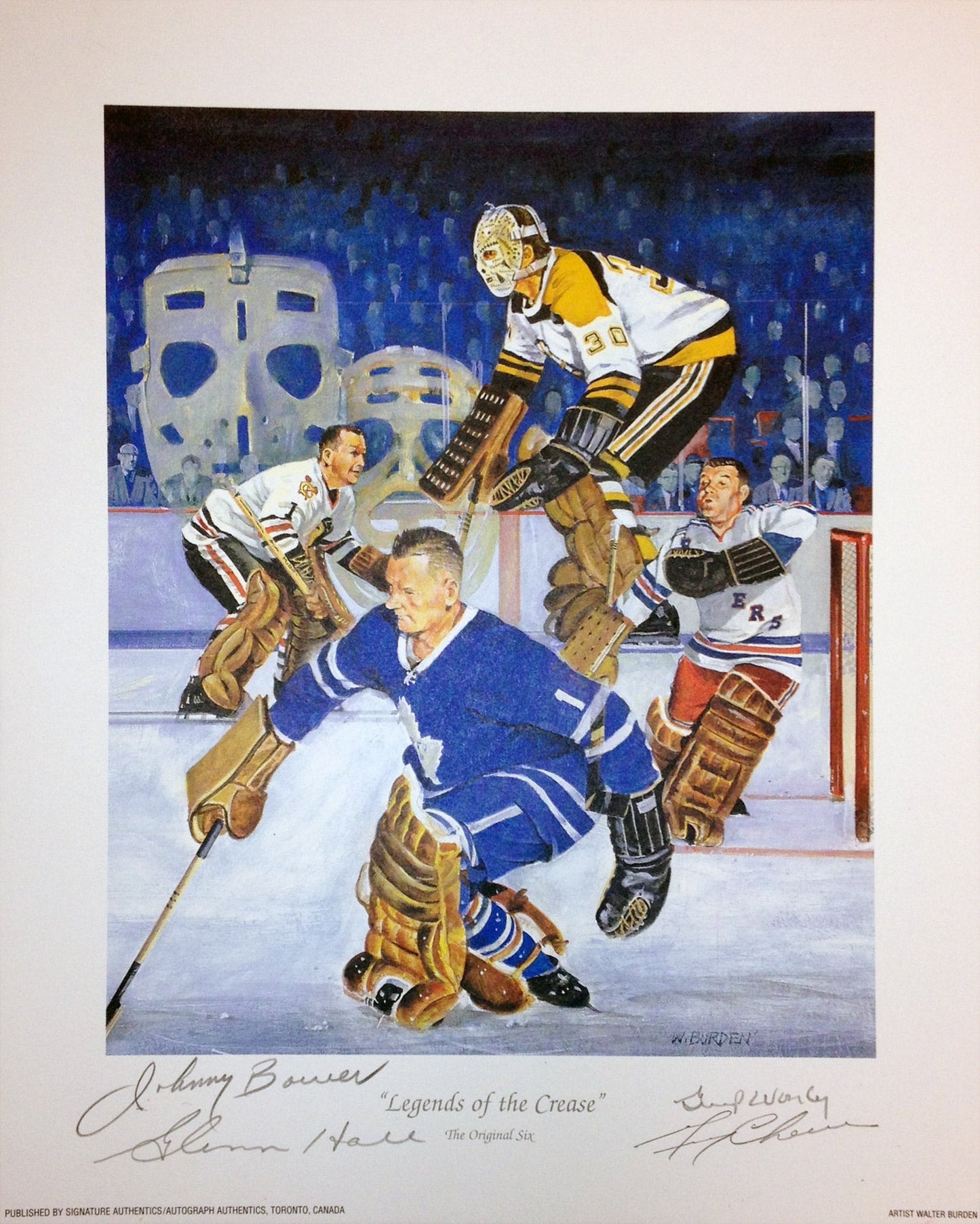 LEGENDS OF THE CREASE AUTOGRAPHED LITHOGRAPH – BOWER, CHEEVERS, HALL, WORSLEY SIGNED 11X9 HOCKEY GOALIE COLLECTIBLE WITH COA