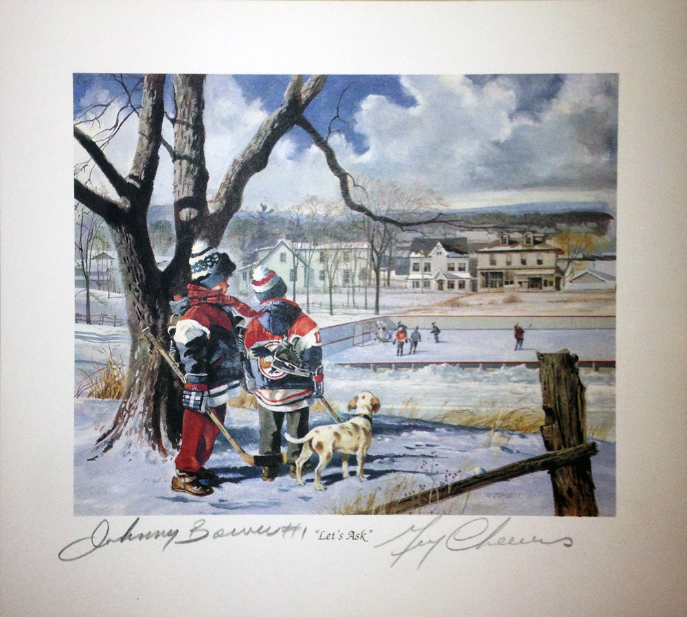 LET’S ASK LITHOGRAPH SIGNED BY JOHNNY BOWER & GERRY CHEEVERS – 9.5" X 8".5 NHL GOALIE AUTOGRAPH COLLECTIBLE WITH COA
