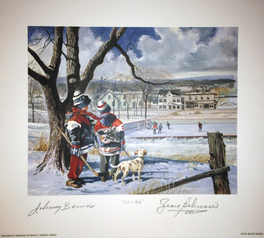 LET’S ASK LITHOGRAPH SIGNED BY JOHNNY BOWER & JEAN BÉLIVEAU – 9.5" X 8".5 NHL LEGENDS COLLECTIBLE WITH COA