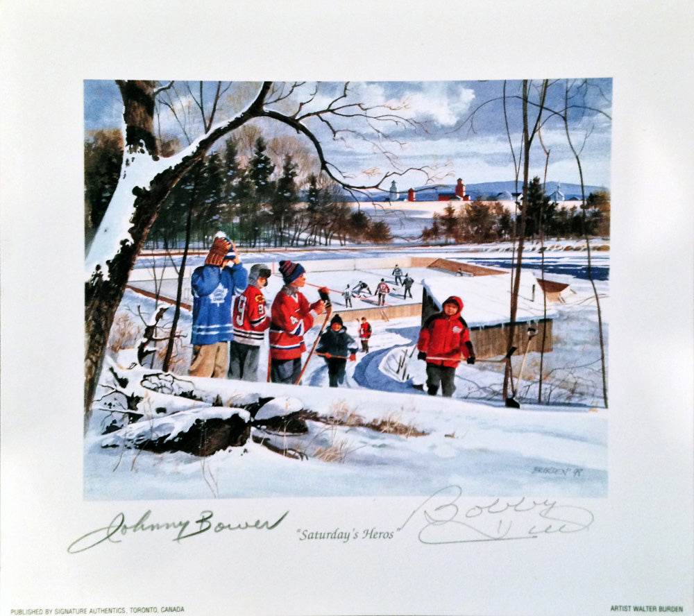 SATURDAY’S HEROES LITHOGRAPH SIGNED BY JOHNNY BOWER & BOBBY HULL – 8.5X8 NHL GREATS DUAL AUTOGRAPH COLLECTIBLE