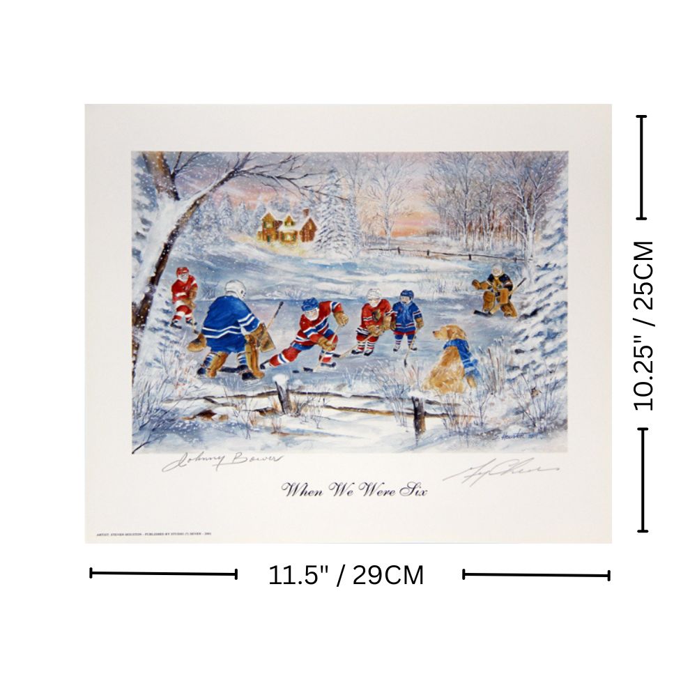 WHEN WE WERE SIX AUTOGRAPHED LITHOGRAPH – JOHNNY BOWER & GERRY CHEEVERS – VINTAGE HOCKEY ARTWORK (11.5" X 10.25")