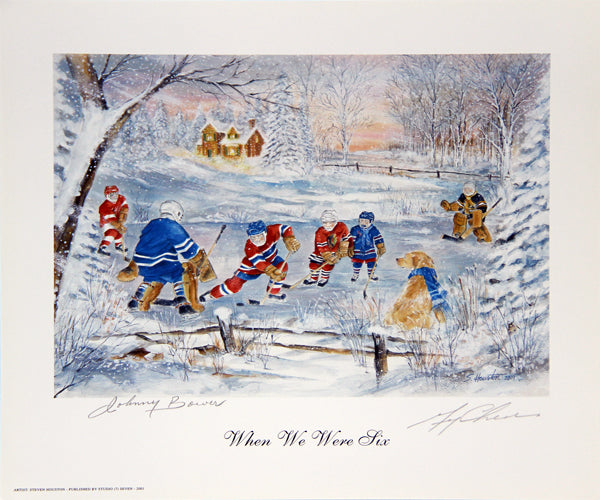 WHEN WE WERE SIX AUTOGRAPHED LITHOGRAPH – JOHNNY BOWER & GERRY CHEEVERS – VINTAGE HOCKEY ARTWORK (11.5" X 10.25")