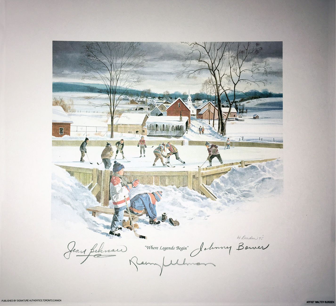 WHERE LEGENDS BEGIN LITHOGRAPH SIGNED BY BÉLIVEAU, BOWER & ULLMAN – MONTREAL, TORONTO, DETROIT – 10" X 10" NHL COLLECTIBLE
