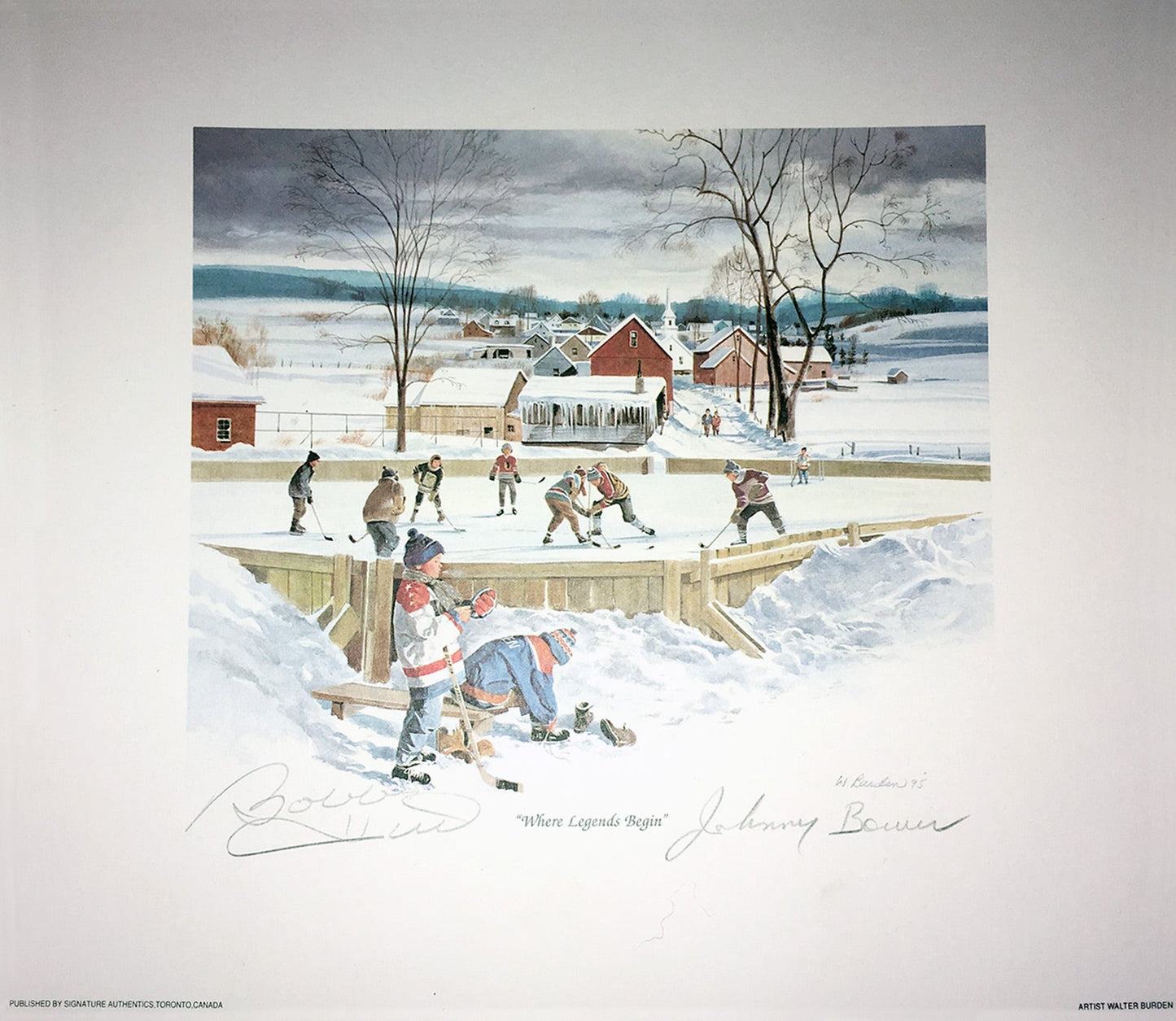 WHERE LEGENDS BEGIN LITHOGRAPH SIGNED BY JOHNNY BOWER & BOBBY HULL – TORONTO & CHICAGO – 10" X 10" NHL AUTOGRAPH COLLECTIBLE