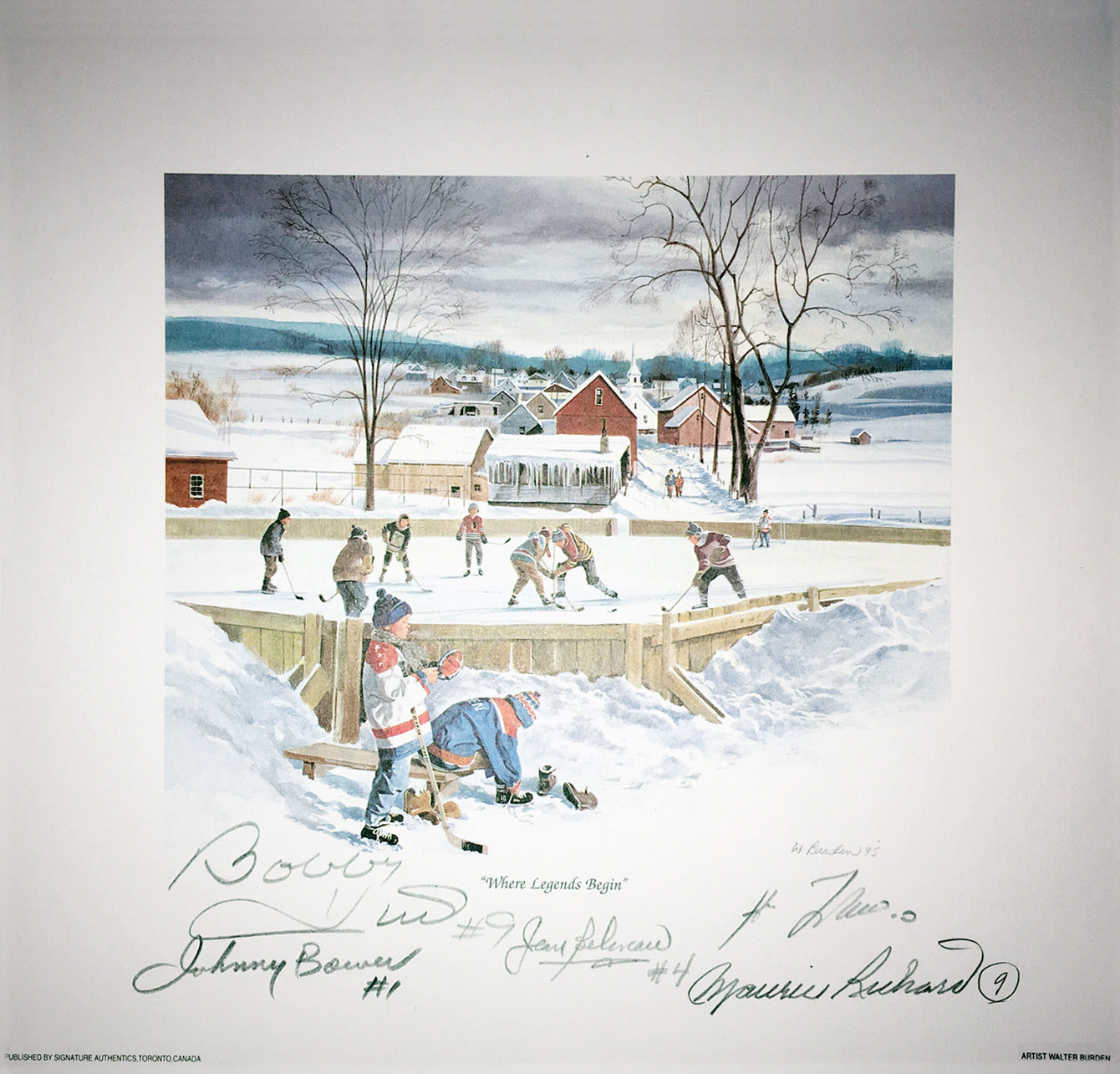 WHERE LEGENDS BEGIN LITHOGRAPH SIGNED BY BOWER, LAFLEUR, BÉLIVEAU, HULL & RICHARD – 10" X 10" NHL GREATS COLLECTIBLE WITH COA