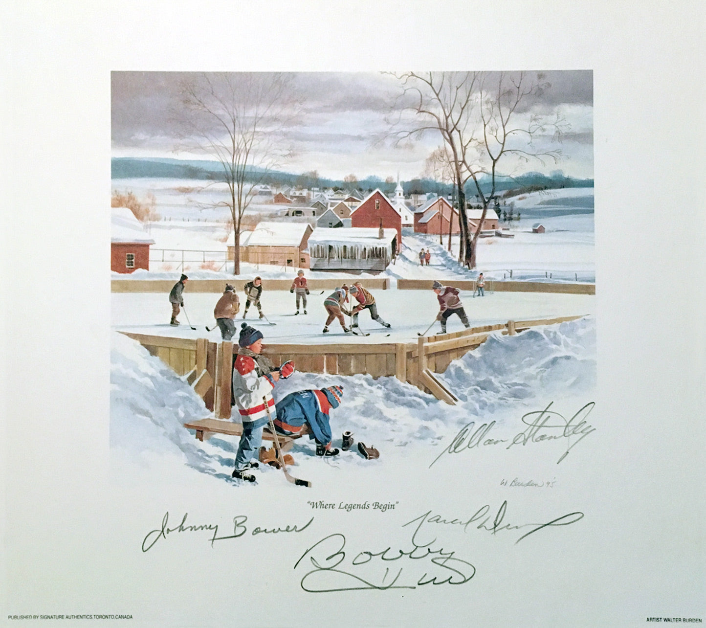 WHERE LEGENDS BEGIN LITHOGRAPH SIGNED BY BOWER, HULL, STANLEY & DIONNE – NHL 10" X 10" COLLECTIBLE ART WITH COA