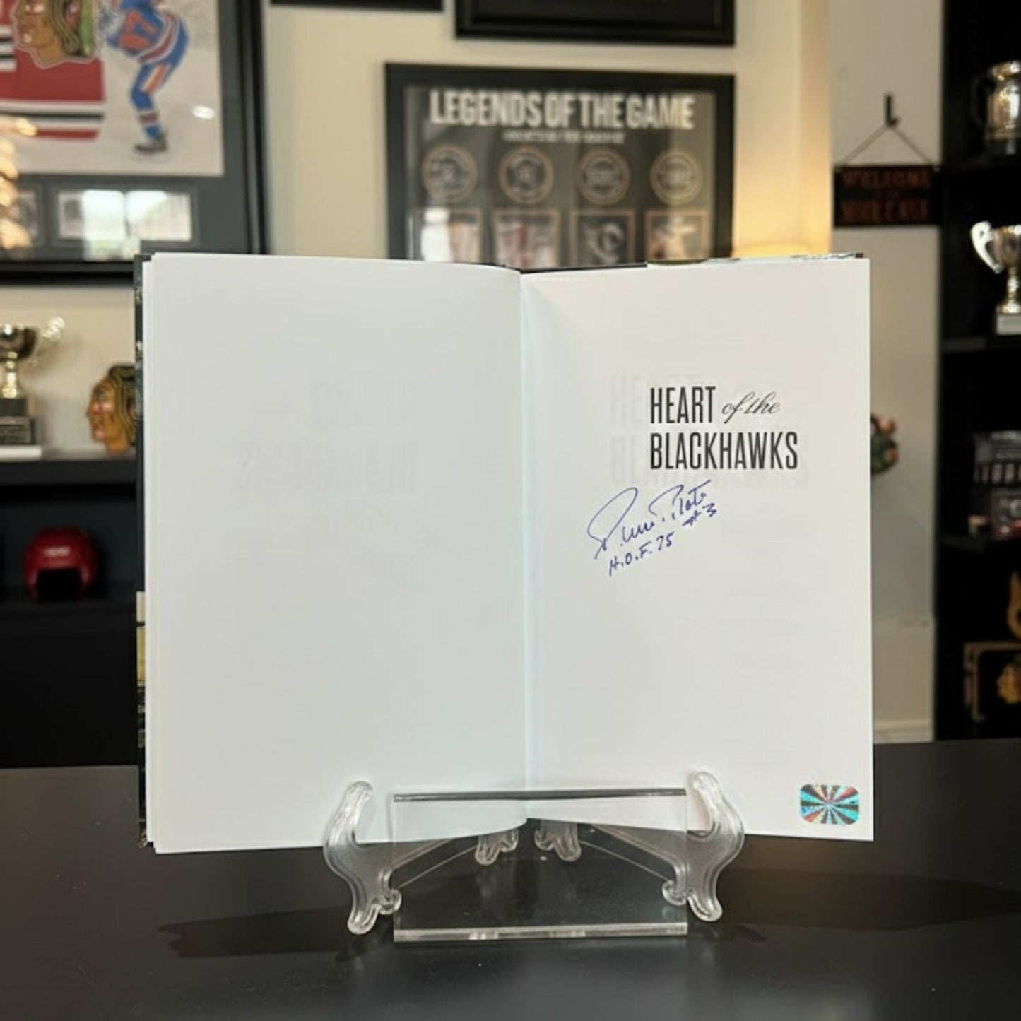 HEART OF THE BLACKHAWKS BOOK SIGNED BY PIERRE PILOTE - AUTOGRAPHED HOCKEY MEMOIR HARDCOVER 9 X 6 INCHES - CHICAGO HOCKEY LEGEND COLLECTIBLE MEMORABILIA