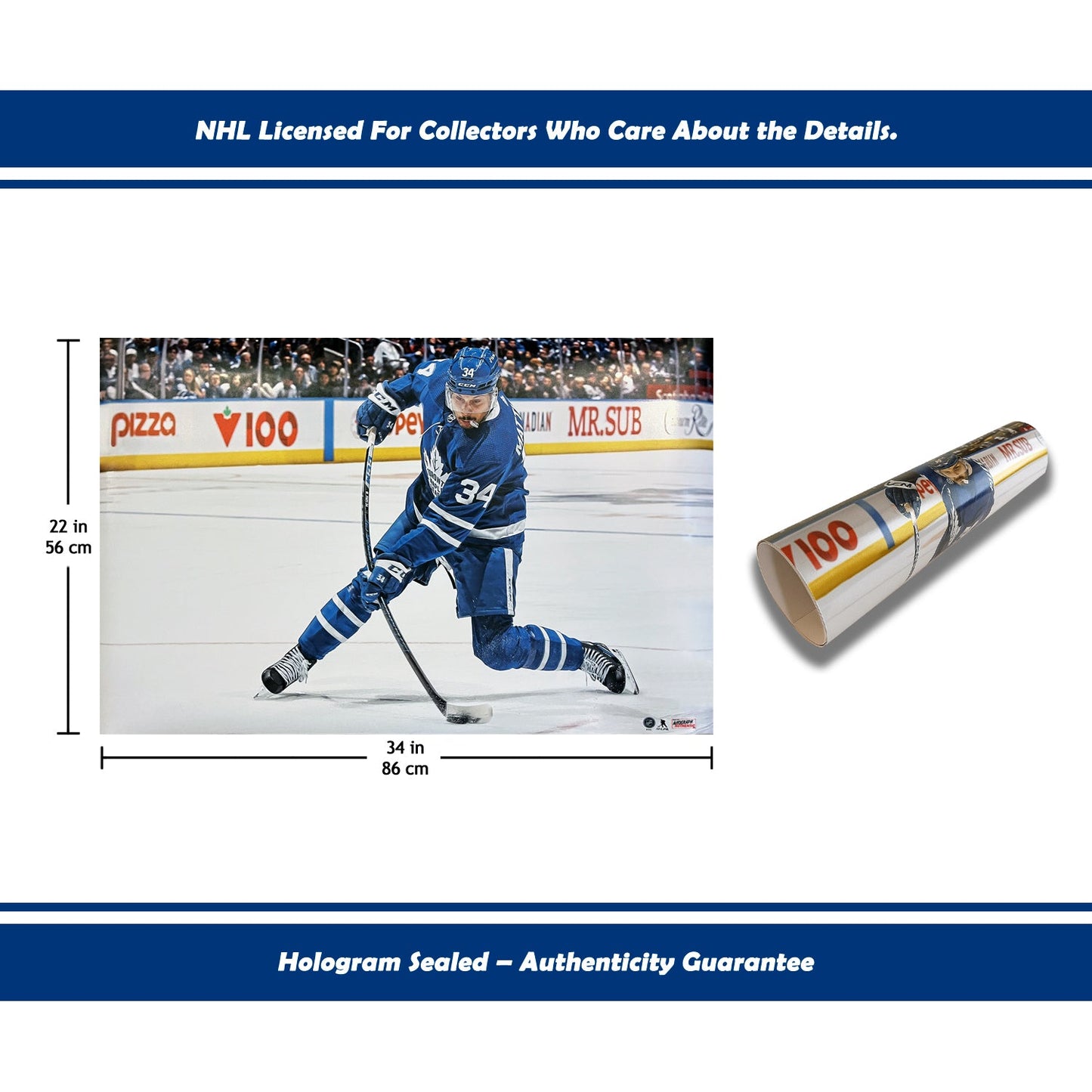 AUSTON MATTHEWS SLAPSHOT TORONTO NHL LICENSED HOCKEY POSTER PRINT – COLLECTIBLE WALL ART DECOR FEATURING STAR PLAYER – OFFICIAL MEMORABILIA GIFT FOR FANS – SPORTS PHOTO TRIBUTE – LEAFS FAN FAVORITE 34"X22"