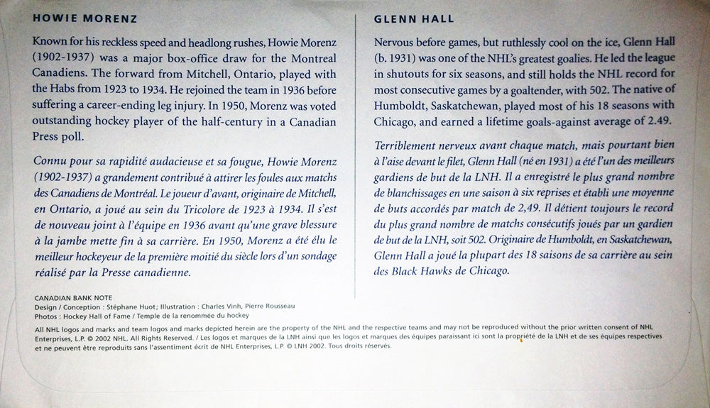 2002 GLENN HALL & HOWIE MORENZ FIRST DAY OF ISSUE STAMPS – CANADIAN HOCKEY LEGENDS POSTAGE COLLECTIBLE (7.5" X 4.5")