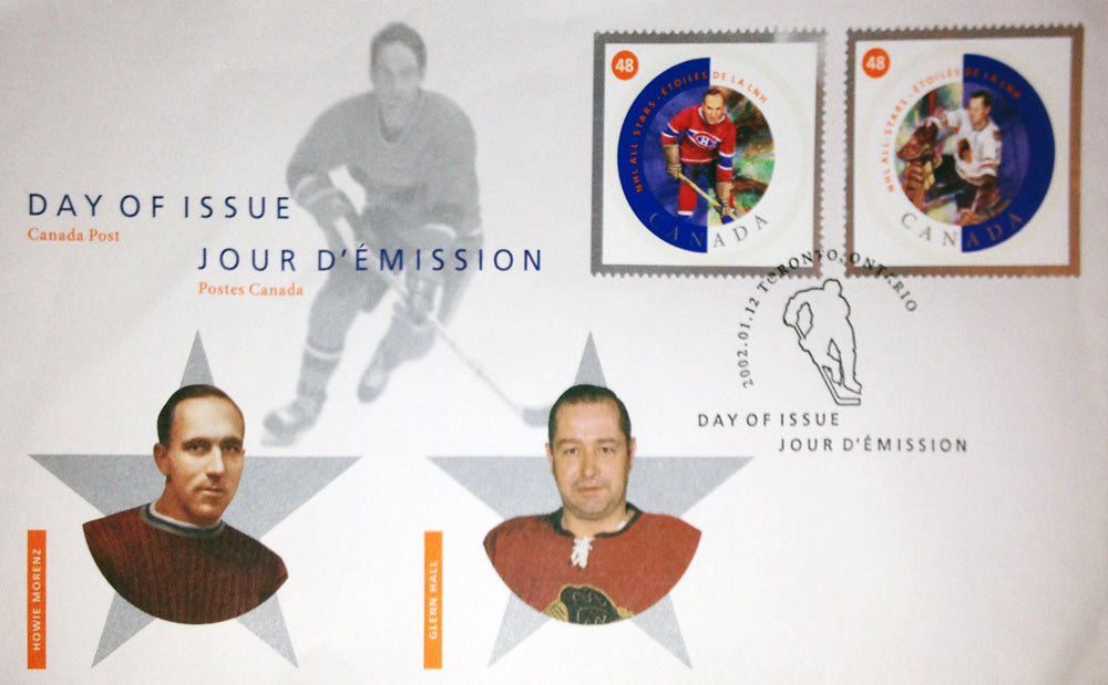 2002 GLENN HALL & HOWIE MORENZ FIRST DAY OF ISSUE STAMPS – CANADIAN HOCKEY LEGENDS POSTAGE COLLECTIBLE (7.5" X 4.5")
