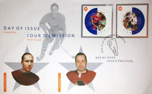 2002 GLENN HALL & HOWIE MORENZ FIRST DAY OF ISSUE STAMPS – CANADIAN HOCKEY LEGENDS POSTAGE COLLECTIBLE (7.5" X 4.5")