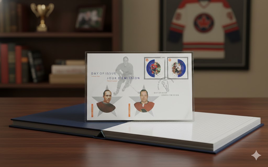 2002 GLENN HALL & HOWIE MORENZ FIRST DAY OF ISSUE STAMPS – CANADIAN HOCKEY LEGENDS POSTAGE COLLECTIBLE (7.5" X 4.5")