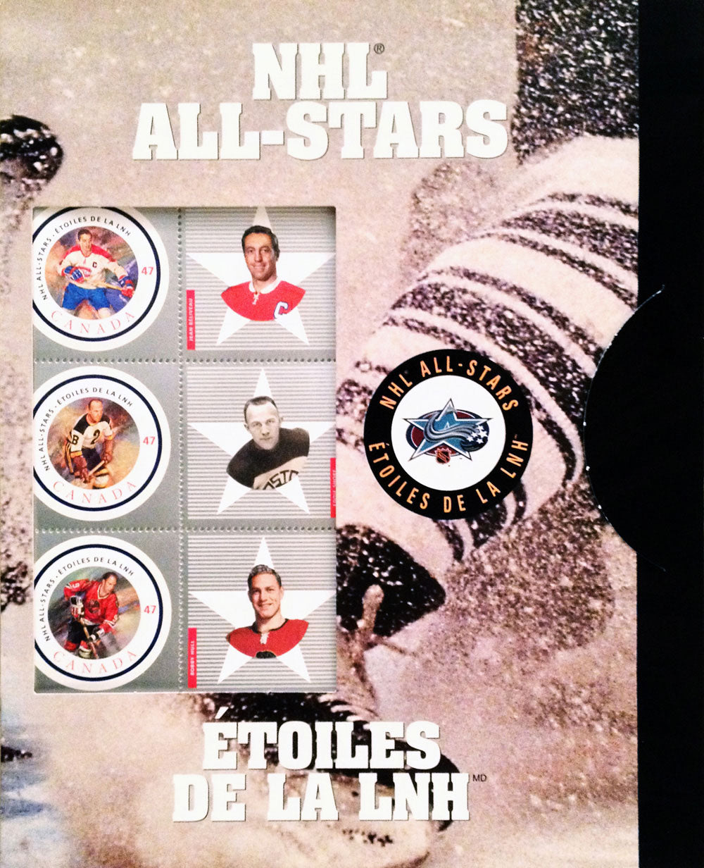 CANADA POST 2001 ALUMNI ALL-STAR STAMP SET FEATURING BOBBY HULL & JEAN BÉLIVEAU – NHL LEGENDS PHILATELIC TRIBUTE (8" X 6.5")