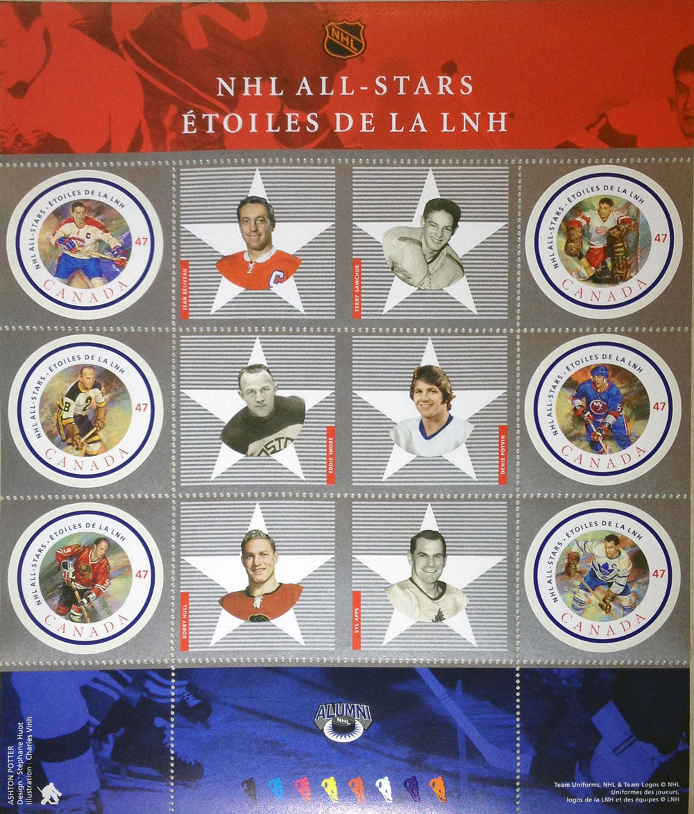 CANADA POST 2001 ALUMNI ALL-STAR STAMP SET FEATURING BOBBY HULL & JEAN BÉLIVEAU – NHL LEGENDS PHILATELIC TRIBUTE (8" X 6.5")