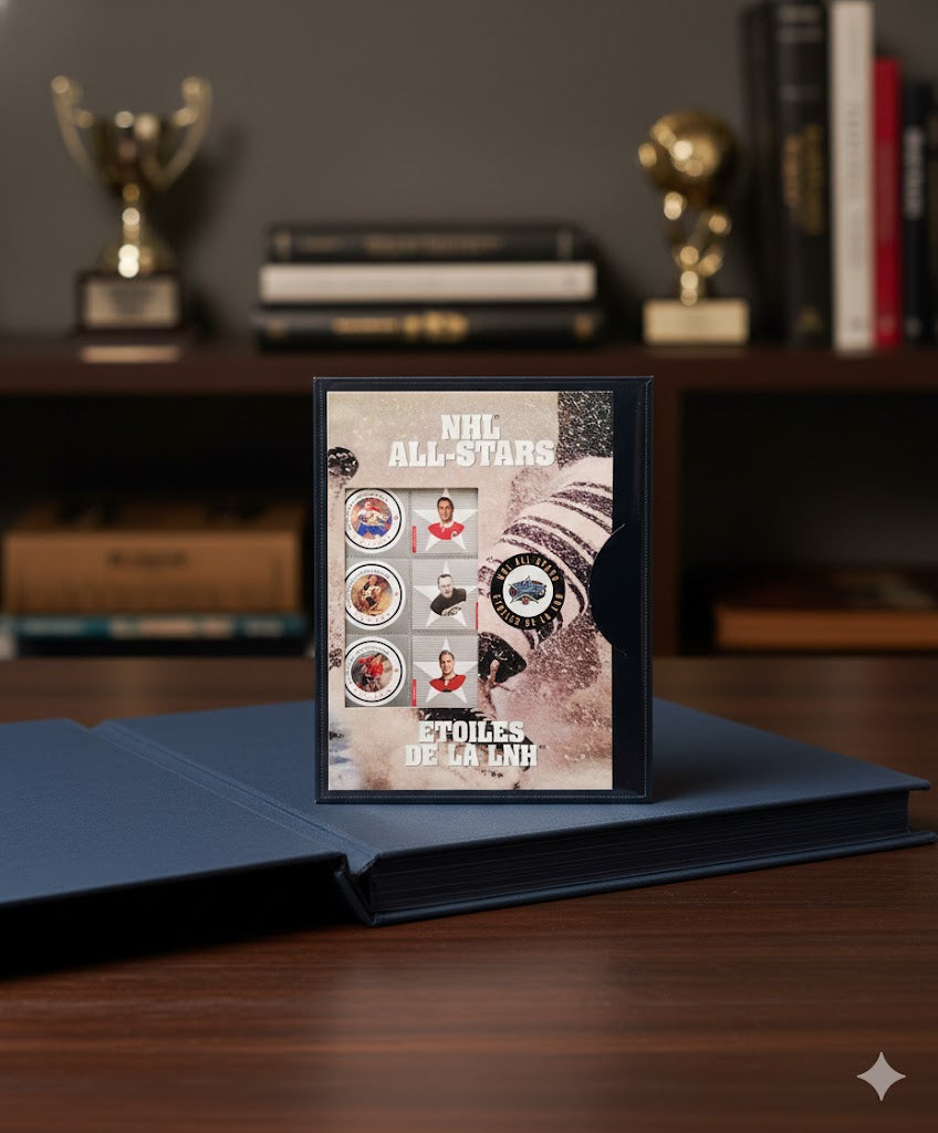 CANADA POST 2001 ALUMNI ALL-STAR STAMP SET FEATURING BOBBY HULL & JEAN BÉLIVEAU – NHL LEGENDS PHILATELIC TRIBUTE (8" X 6.5")