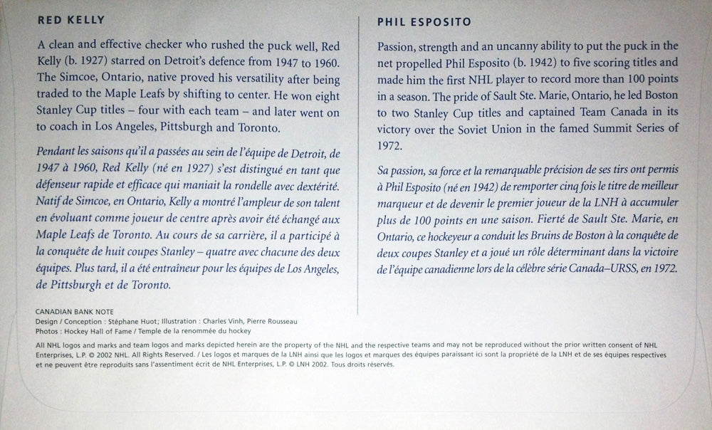 DAY OF ISSUE STAMP SET – RED KELLY & PHIL ESPOSITO 2002 NHL LEGENDS COLLECTIBLE (7.5" X 4.5")